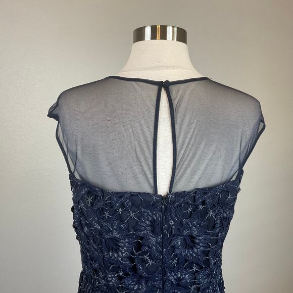 Aidan Mattox Women's Cocktail Dress Size 10 Blue Metallic Lace Midi Sheath - Picture 6 of 12